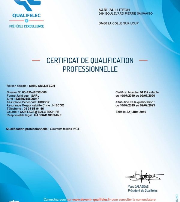 Certificat QUALIFELEC SULLITECH